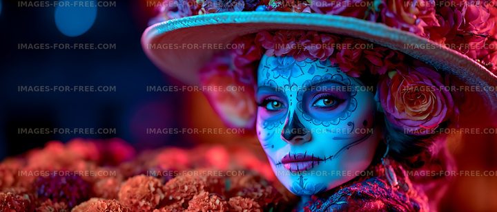 Colorful close-up portrait with floral face paint and hat