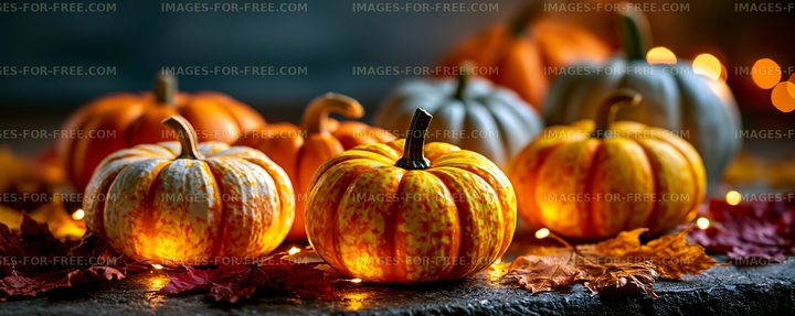 Colorful pumpkins arranged with fall leaves and glowing lights
