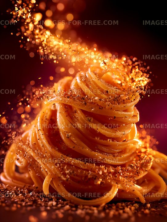 Close-up spiral pasta nest with glowing particles