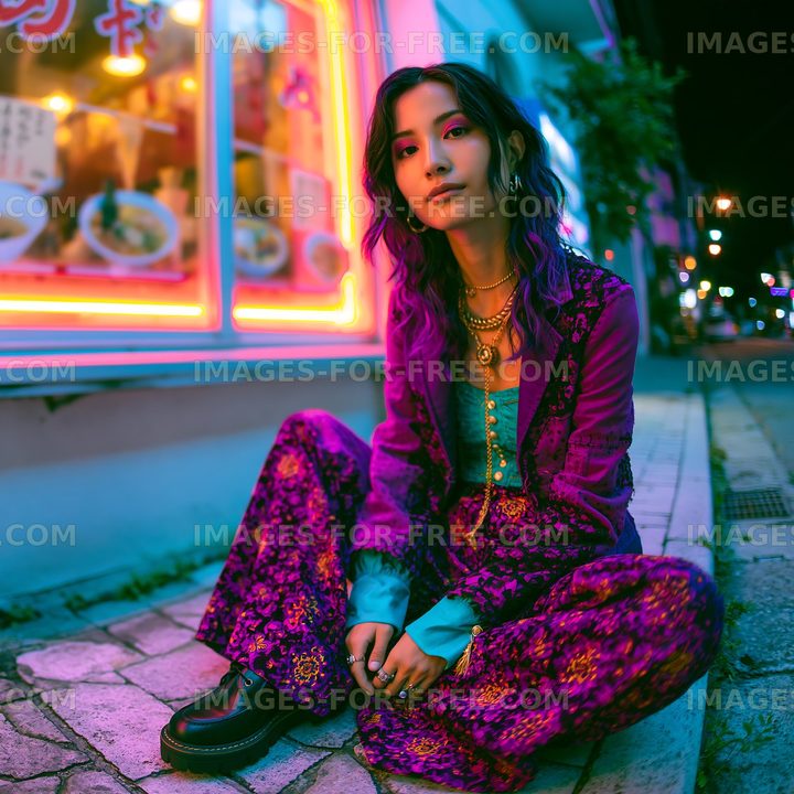 Colorful street fashion portrait beside neon lights