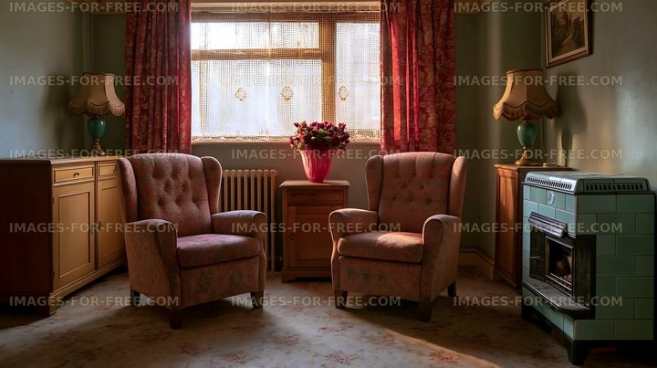 Cozy traditional sitting room with flowers and vintage furnishings