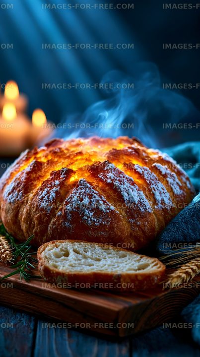 Rustic freshly baked bread with visible steam
