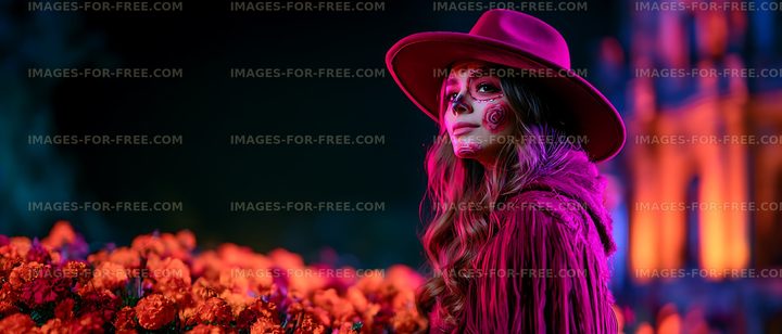 Colorful portrait of woman with face paint and wide-brimmed hat