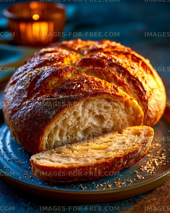 Fresh rustic loaf with a slice served on a plate