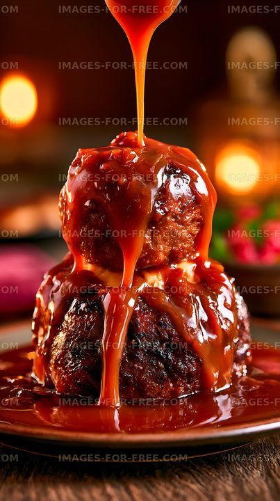 Glossy caramel pouring over a stacked chocolate dessert