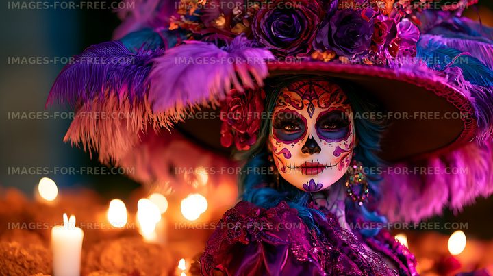 Colorful skull makeup portrait with flowers, feathers, and candles