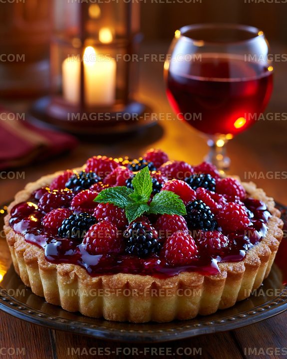 Berry tart, red wine, and candles in a warm dining scene