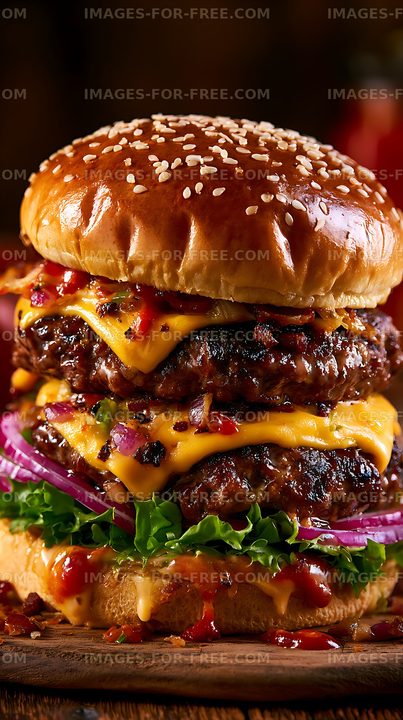 Loaded double cheeseburger in close-up