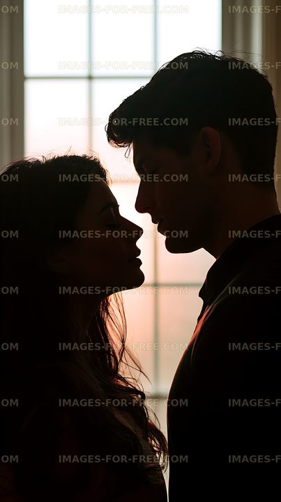 Romantic silhouette of a couple near a bright window