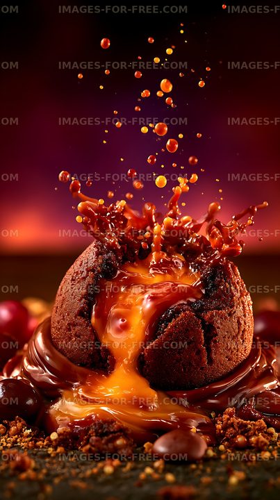 Molten caramel chocolate dessert with dramatic splash