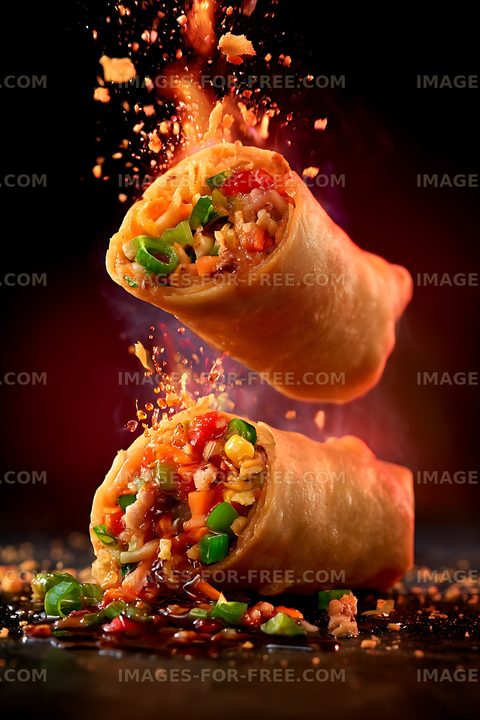 Stuffed wraps with colorful vegetable filling and food splash