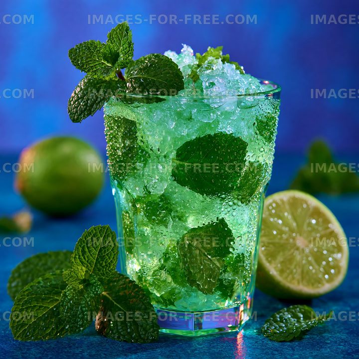 Chilled mint and lime beverage with ice and condensation