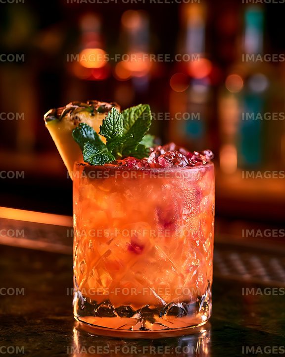 Orange iced cocktail with mint and citrus garnish
