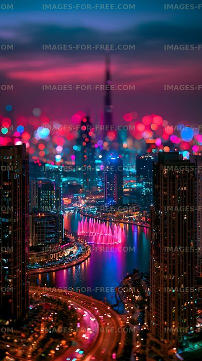 Vibrant city waterfront and fountain at night