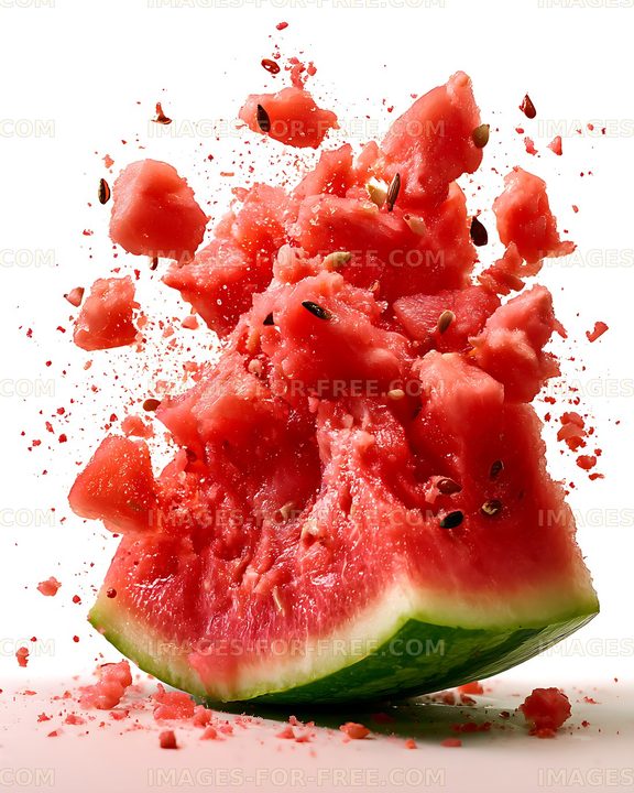 Dramatic broken watermelon splash with seeds