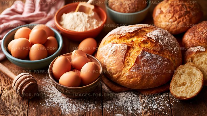 Rustic baking ingredients and fresh bread arranged on a wooden table