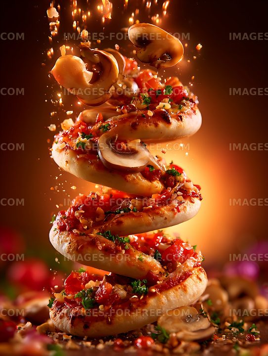 Layered spiral pastry topped with mushrooms and fresh vegetables