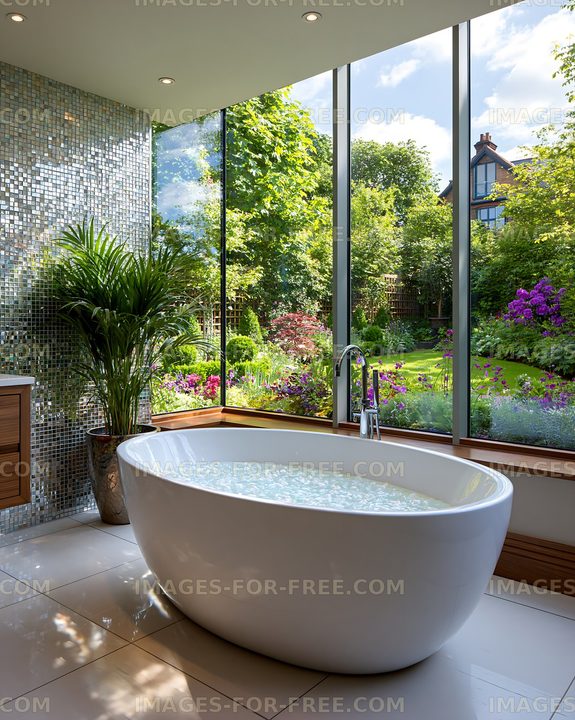 Modern bathroom with freestanding tub and garden view