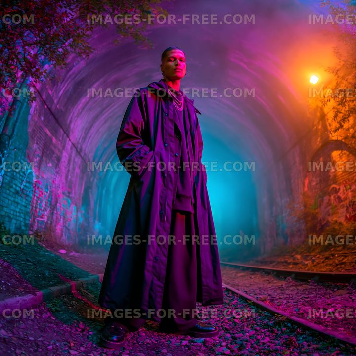 Dramatic Portrait on Railway Tracks with Colorful Lighting