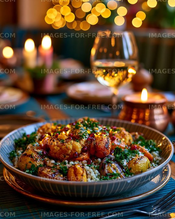 Colorful roasted vegetable bowl on a warmly lit table