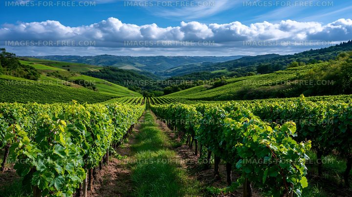 Lush vineyard landscape with rows of grapevines and rolling hills