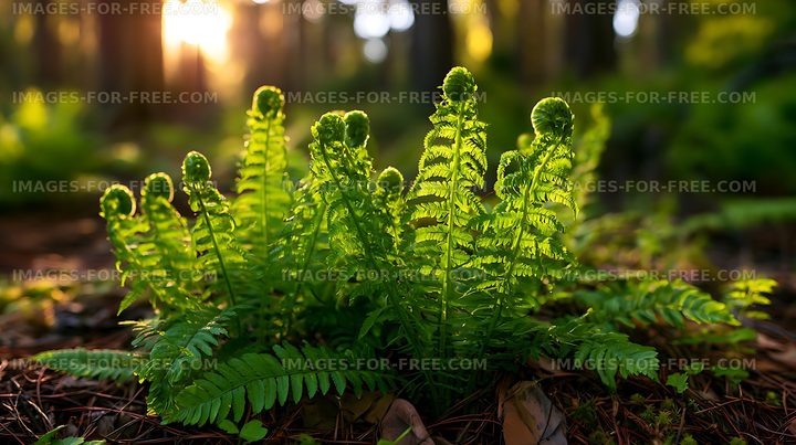 Sunlit green ferns in a woodland setting