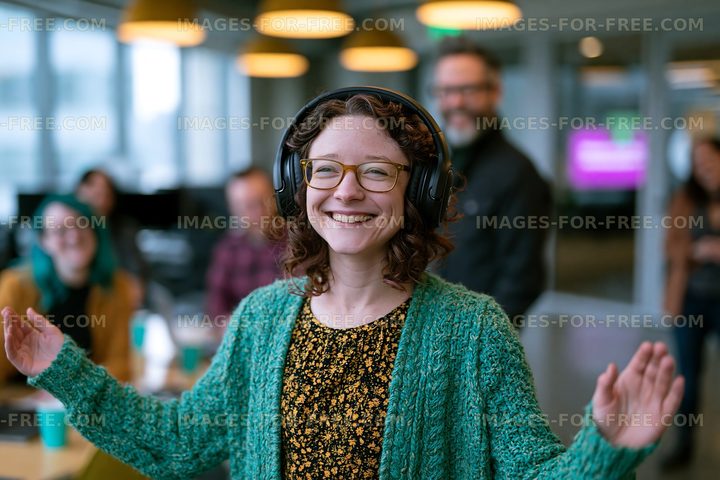 Happy woman with headphones and glasses indoors