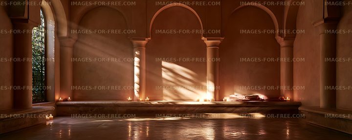 Warm sunlit room with arches, candles, and cushions
