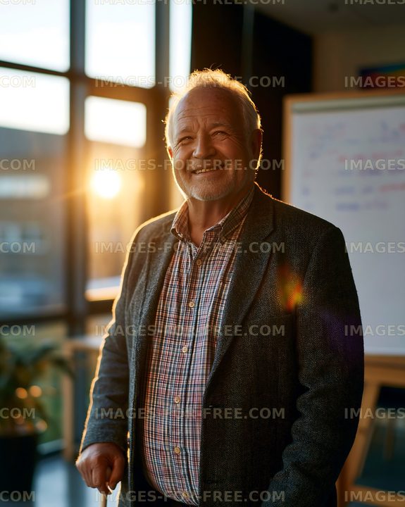 Warmly lit portrait of a smiling older man in an office