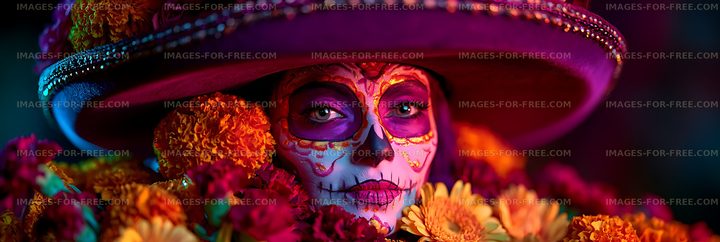 Vibrant portrait with skeletal makeup, hat, and flowers