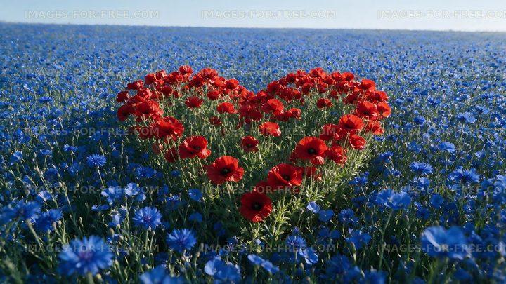 Red poppies and blue flowers form heart shape in a field