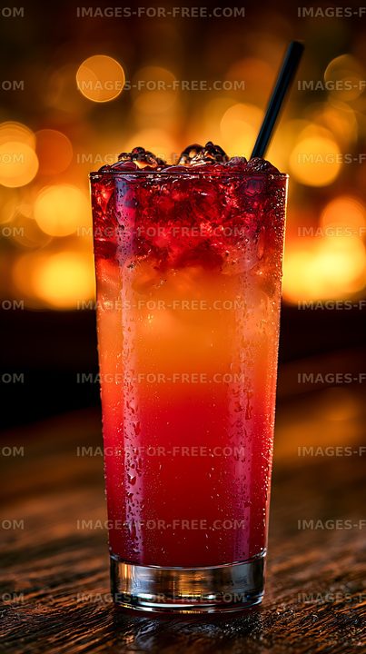 Red iced beverage in a condensation-covered glass