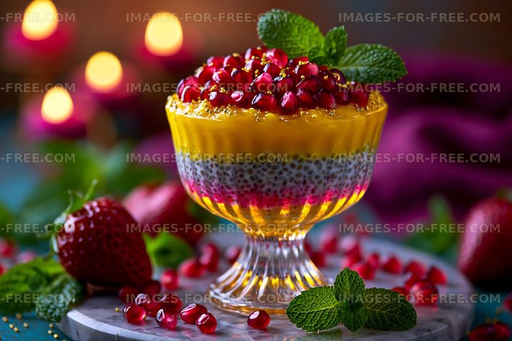 Colorful layered chia pudding dessert with fresh fruit