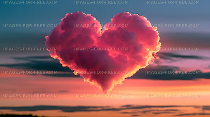 Pink heart-shaped cloud in a colorful sunset sky