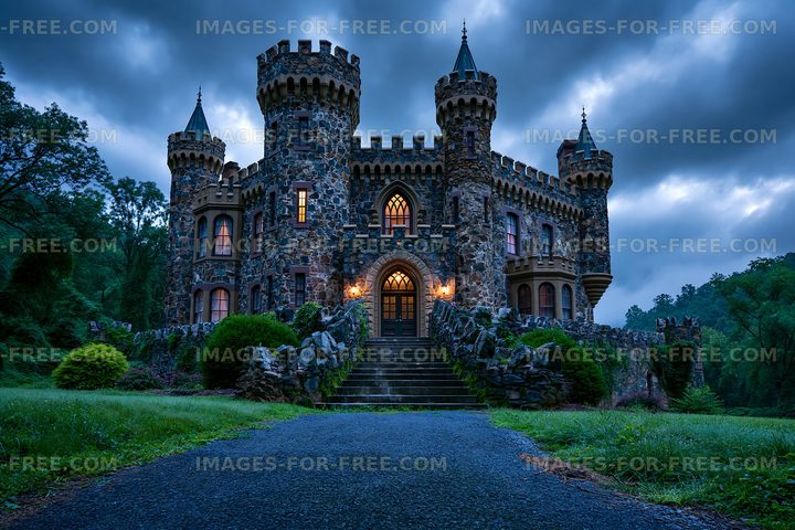 Ornate stone castle in a lush forest landscape