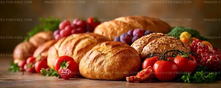 Fresh bread and colorful produce on a rustic table