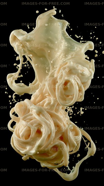 Creamy noodle splash isolated on black