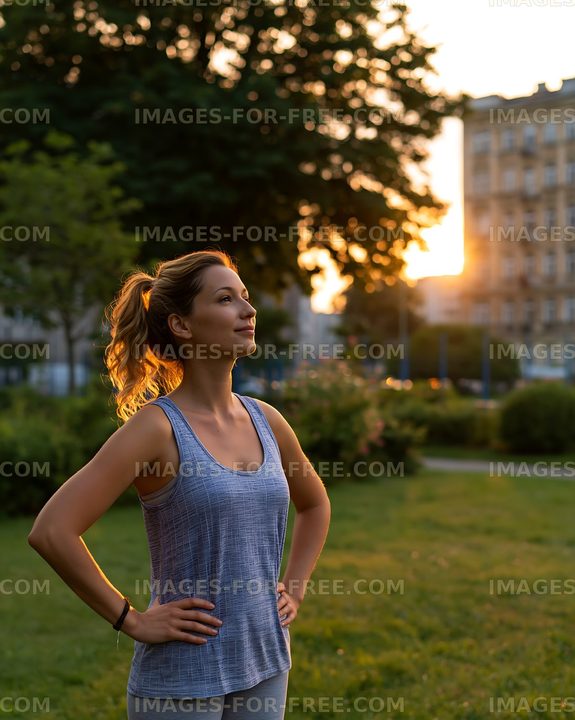 Woman enjoying sunset in city park