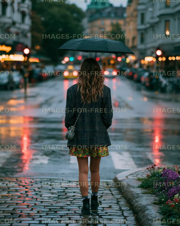 Back View of Woman with Umbrella in Rainy City