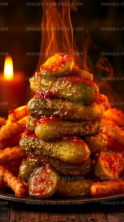 Glossy stacked pickles in warm dramatic light