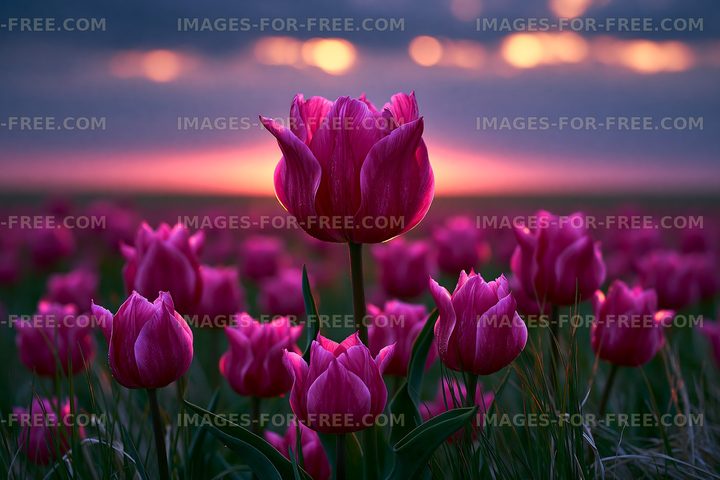 Vivid magenta tulip among flowers at sunset