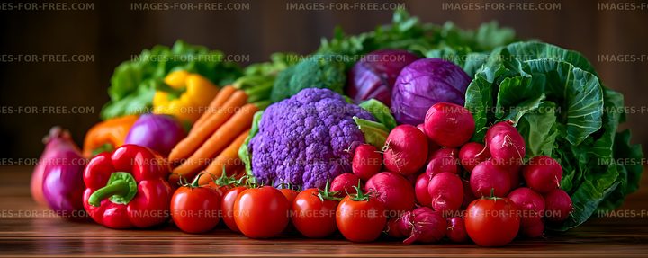 Fresh colorful vegetables arranged on a rustic wooden surface