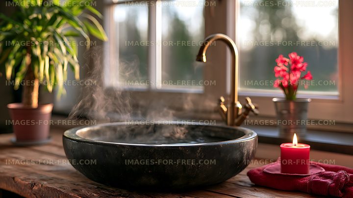 Warm kitchen scene with steaming bowl and candle