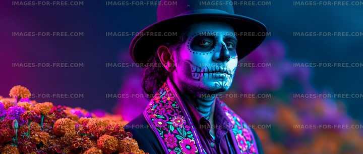 Colorful portrait of a face-painted man among flowers