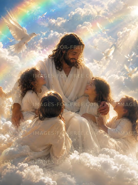Jesus with children in clouds during a sunny day
