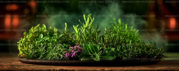 Assortment of fresh herbs with purple flowers on rustic board