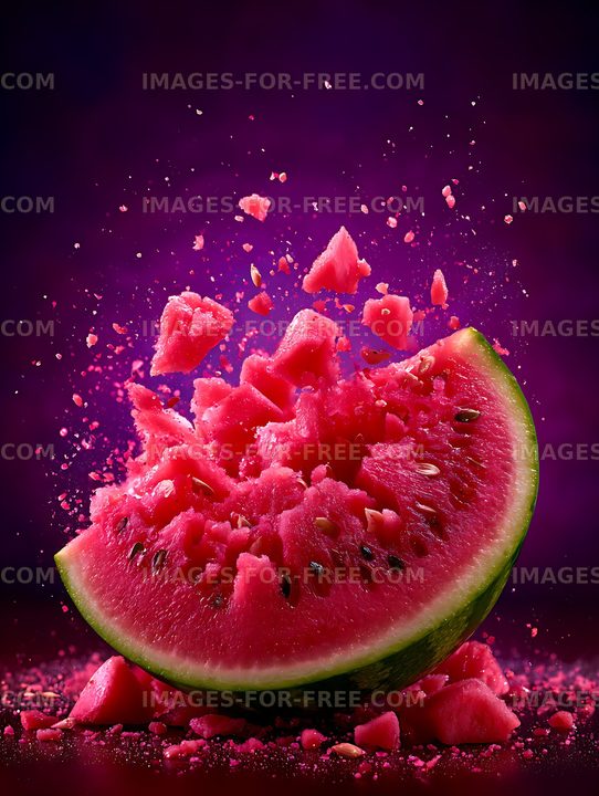 Exploding watermelon with suspended fruit fragments