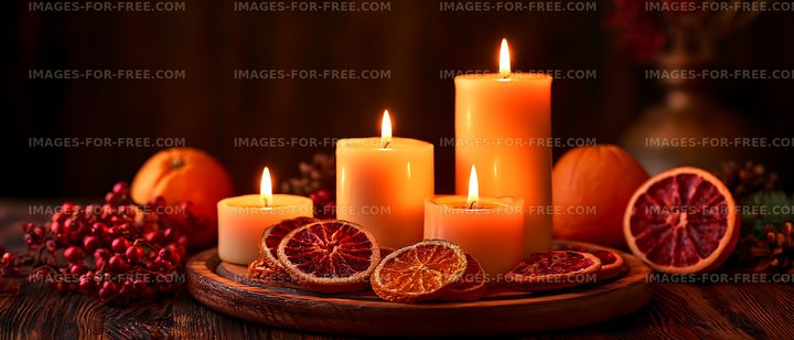 Warm candle still life with dried oranges and berries