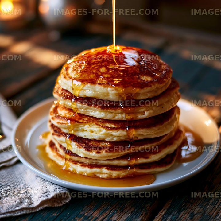 Pancake stack with flowing maple syrup