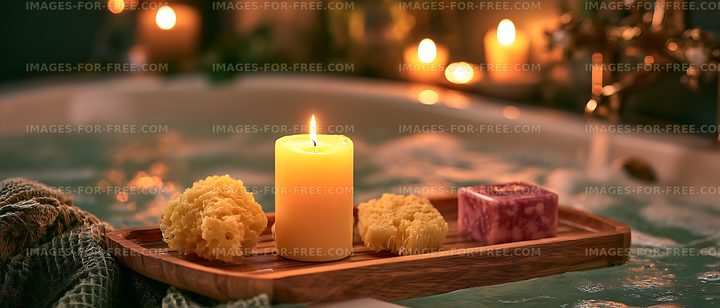 Warm candlelight and spa soaps by a pool